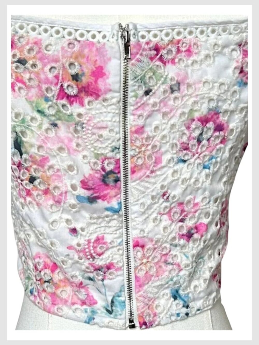 Aqua Crop Top White Pink Floral Eyelet Puff Sleeve S - Picture 8 of 9